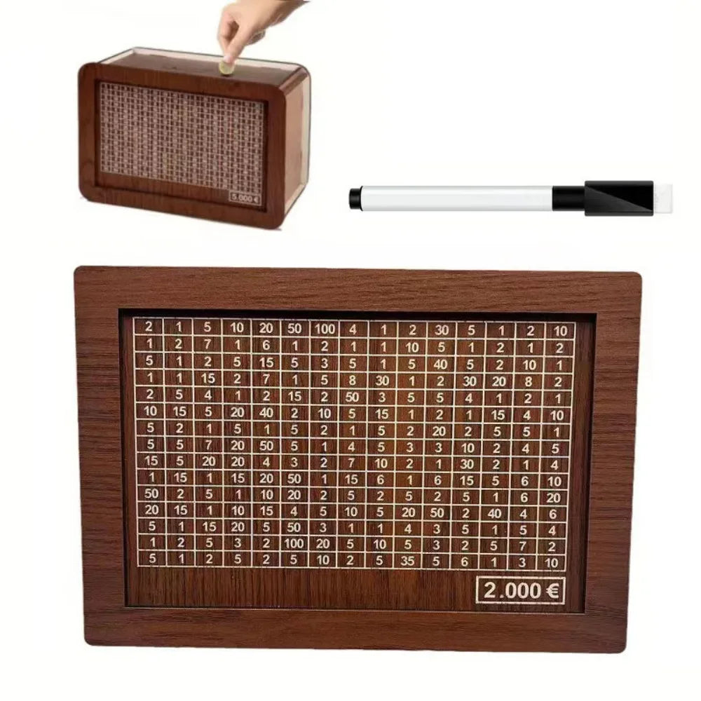 Wooden savings goal box with money counter