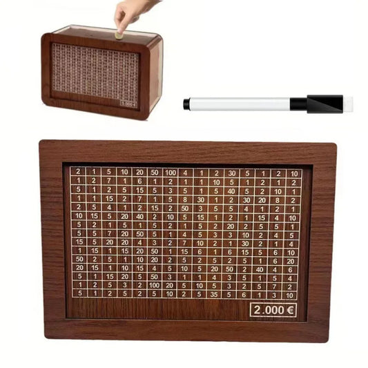 Wooden savings goal box with money counter