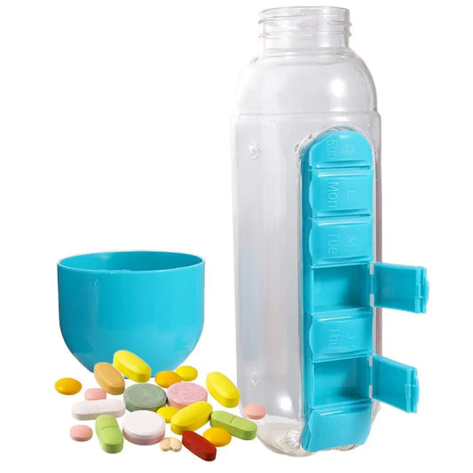 Water bottle with built-in seven-day pill organizer