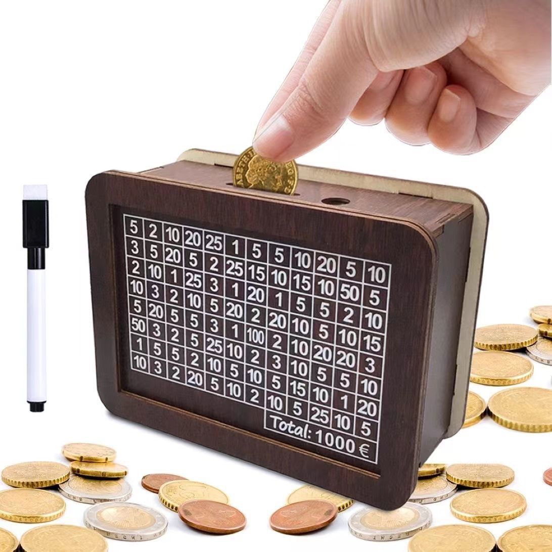 Wooden Piggy Bank With Money Goal Counter