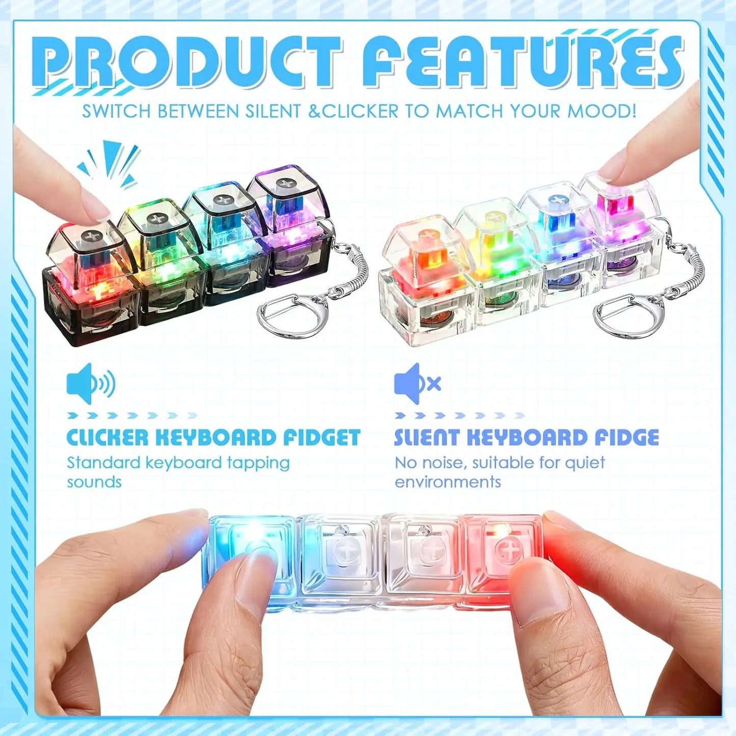 LED Light Up Keychain Fidget Toy Keyboard Clicker