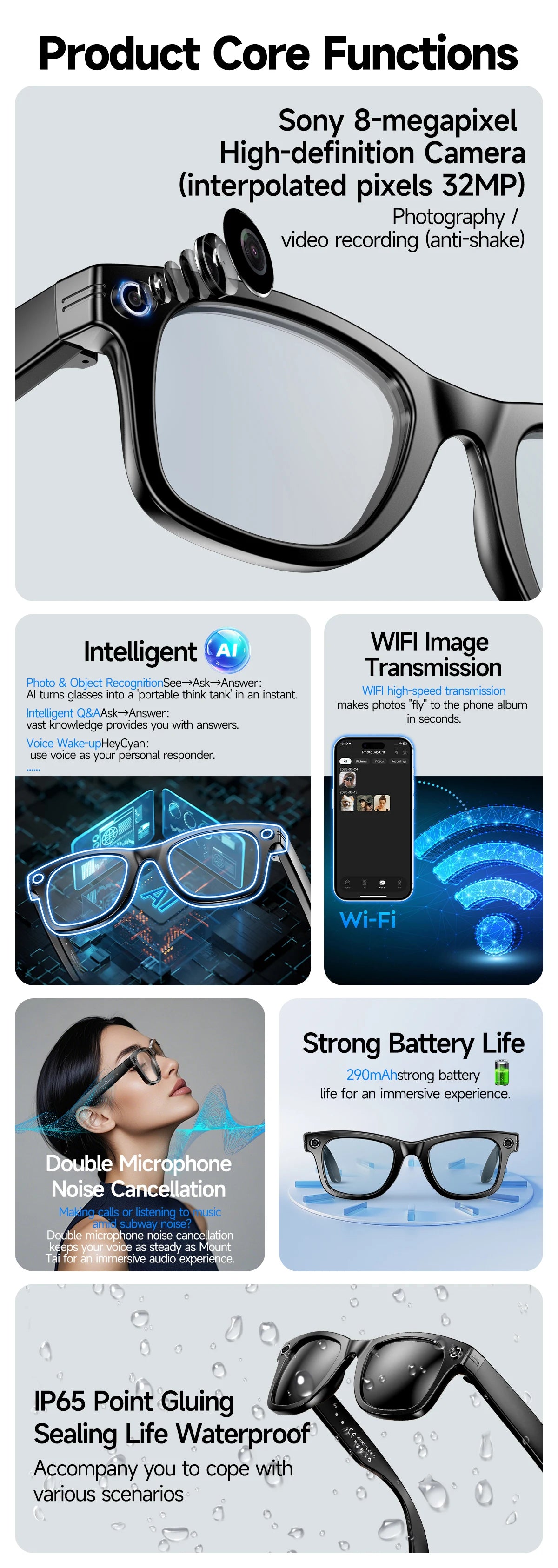 800W AI Camera Smart Glasses – Color-Changing, Translation, Photo & Video, Waterproof