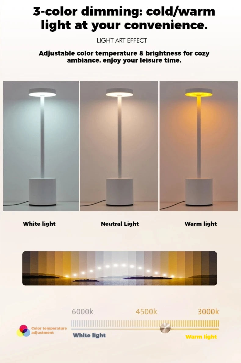Cordless LED Table Lamp with 3-Color Dimming