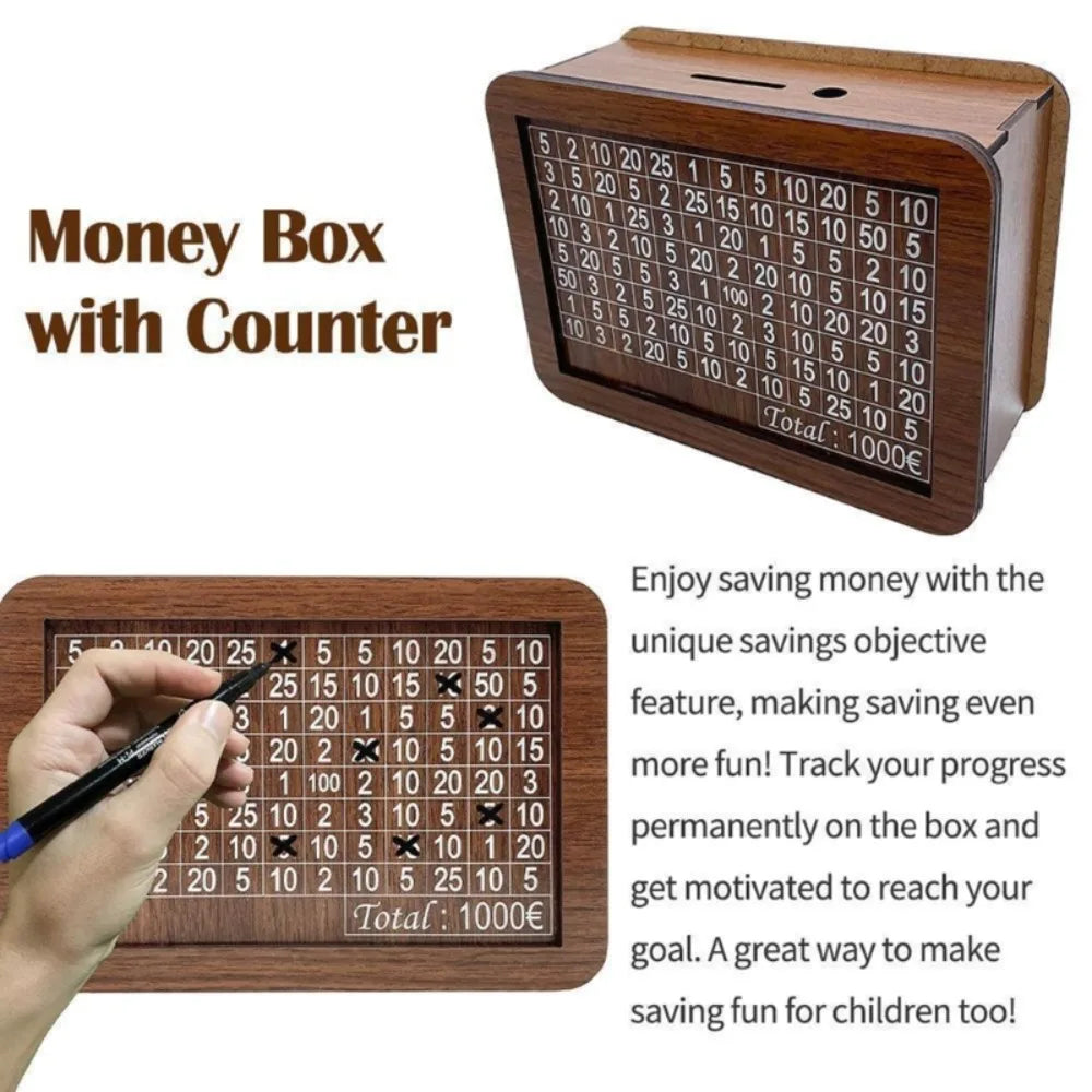 Wooden Piggy Bank With Money Goal Counter