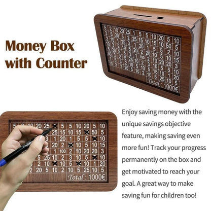 Wooden Piggy Bank With Money Goal Counter