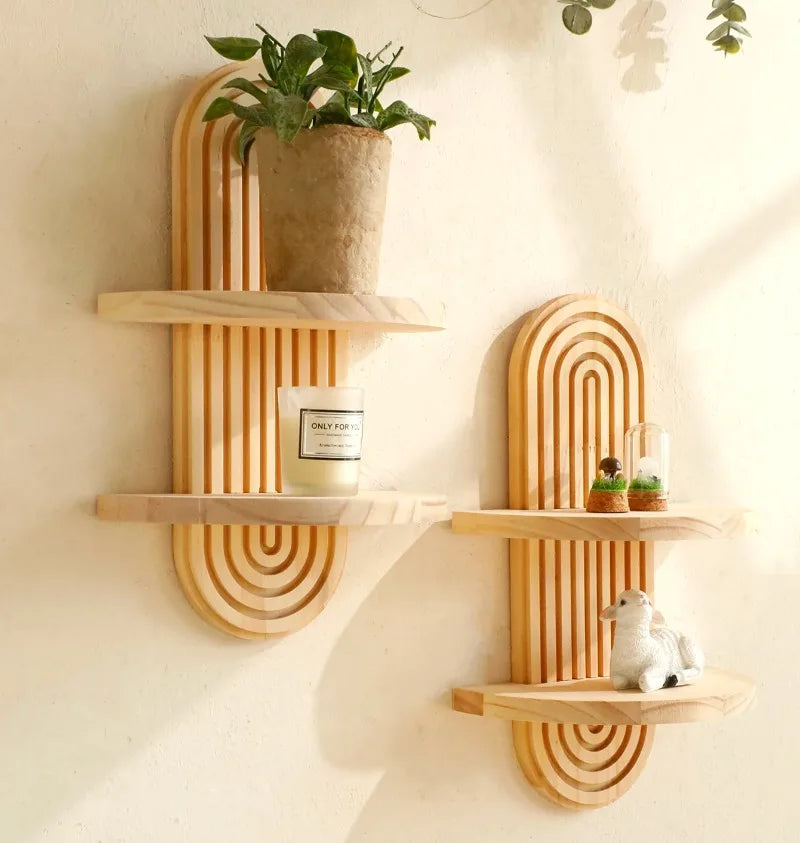 Boho Style Wooden Wall Mounted Storage Rack